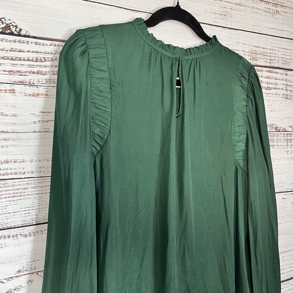 LOFT Dark Emerald Green Silky Shirt Blouse Size L Ruffle Neck Victorian Work - Picture 2 of 9